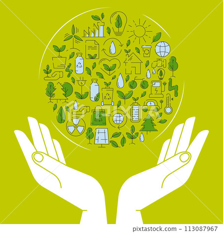 Ecology poster, human hands holding earth with eco friendly energy sources, circle with line ecological icons. Save the planet, environment improvement, recycle, renewable energy. Vector square design 113087967