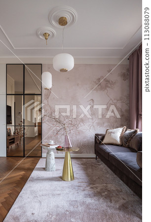 House with hardwood flooring, couch, table, and mirror fixture 113088079