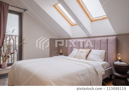 Bedroom with wood bed skylight, part of interior design of building 113088119