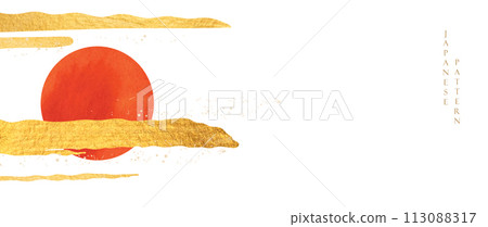 Japanese background with red sun decoration vector. Hand drawn gold texture wave with cloud shape elements in oriental style. 113088317