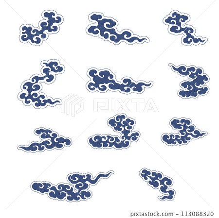 Blue brush stroke texture with Japanese chinses cloud pattern in vintage style. Abstract art elementr design with icon and symbol vector. 113088320