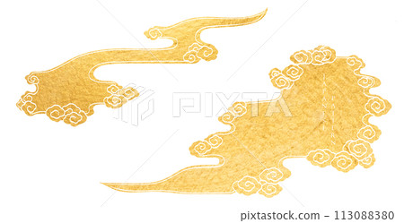 Gold brush stroke texture with Japanese chinses cloud pattern in vintage style. Abstract art landscape banner design with watercolor texture vector 113088380
