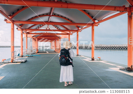 A woman waiting for a ship at a remote island terminal 113088515