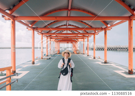 A woman waiting for a ship at a remote island terminal A woman waiting for a ship at a remote island terminal 113088516