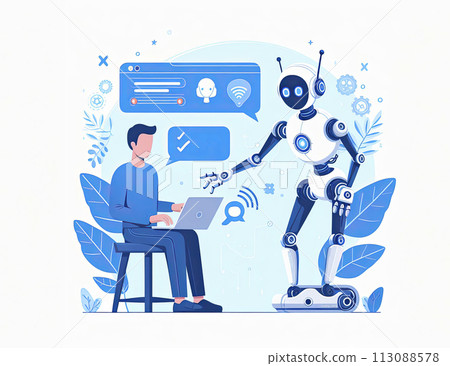 An illustration showing the work of people with artificial intelligence. Using AI technologies in work, communication, learning 113088578