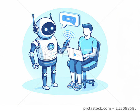 An illustration showing the work of people with artificial intelligence. Using AI technologies in work, communication, learning An illustration showing the work of people with artificial intelligence. Using AI technologies in work, communication, learning 113088583