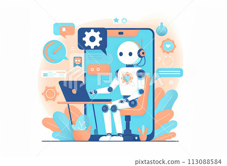 An illustration showing the work of people with artificial intelligence. Using AI technologies in work, communication, learning 113088584