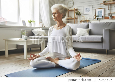 Close up portrait of adult woman in relaxing meditating feeling zen-like on fitness. Healthy active lifestyle Close up portrait of adult woman in relaxing meditating feeling zen-like on fitness. Healthy active lifestyle 113088596