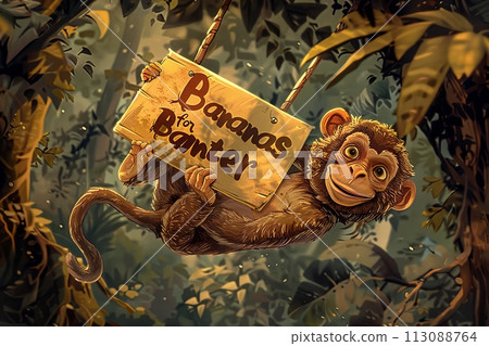 mischievous cartoon monkey swinging through the treetops, its sign reading "Bananas for Banter" as it chatters away with cheeky humor and a twinkle in its eye mischievous cartoon monkey swinging through the treetops, its sign reading "Bananas for Banter" as it chatters away with cheeky humor and a twinkle in its eye 113088764