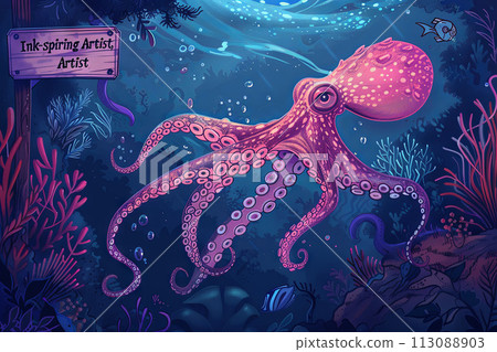 a cartoon suave squid gliding through the depths of the ocean, its sign reading "Ink-spiring Artist," as it creates intricate patterns in the water with a flourish of its tentacles a cartoon suave squid gliding through the depths of the ocean, its sign reading "Ink-spiring Artist," as it creates intricate patterns in the water with a flourish of its tentacles 113088903