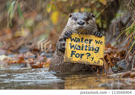 playful otter sliding down a riverbank, clutching a sign that proclaims "Water We Waiting For?," urging its fellow river-dwellers to join in the aquatic fun without delay 113088904