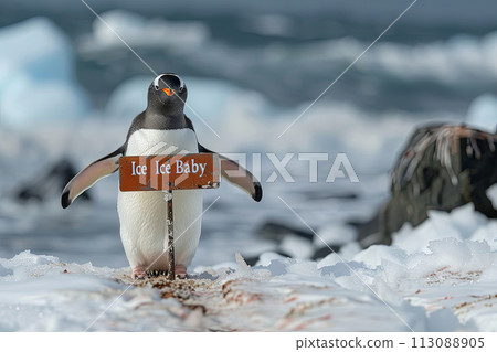 dapper penguin waddling across an icy landscape, its sign reading "Ice Ice Baby," as it struts its stuff with cool confidence and a hint of swagger dapper penguin waddling across an icy landscape, its sign reading "Ice Ice Baby," as it struts its stuff with cool confidence and a hint of swagger 113088905