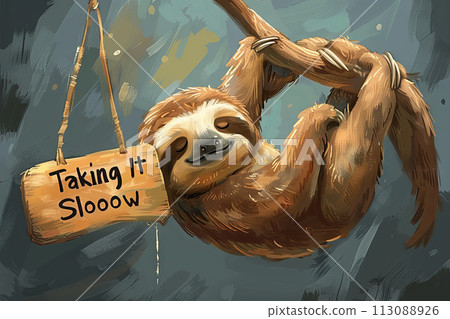 cartoon laid-back sloth hanging from a branch, its sign reading "Taking It Sloooow," as it embraces the art of relaxation and savors every moment with effortless ease cartoon laid-back sloth hanging from a branch, its sign reading "Taking It Sloooow," as it embraces the art of relaxation and savors every moment with effortless ease 113088926