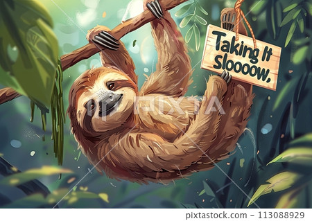 cartoon laid-back sloth hanging from a branch, its sign reading "Taking It Sloooow," as it embraces the art of relaxation and savors every moment with effortless ease cartoon laid-back sloth hanging from a branch, its sign reading "Taking It Sloooow," as it embraces the art of relaxation and savors every moment with effortless ease 113088929