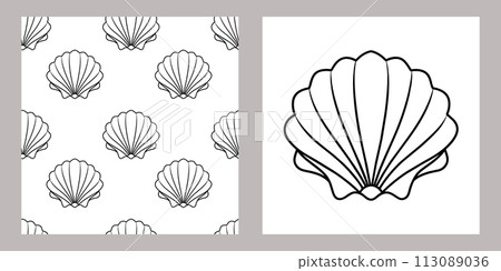 Seamless pattern of sea shells. Black outline of seashells on a white background. Vector 113089036