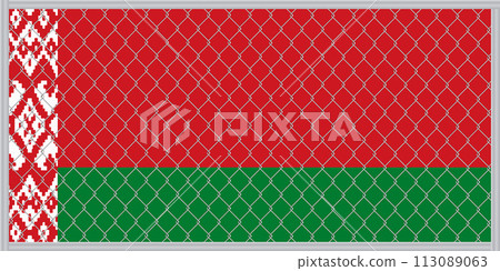 Vector illustration of the flag of the Republic of Belarus under the lattice. Concept of isolationism 113089063