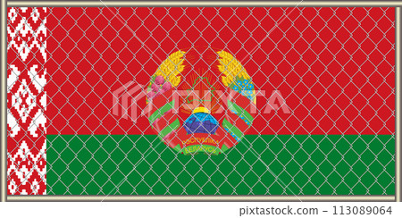 Vector illustration of the flag and coat of arms of the Republic of Belarus under the lattice. Concept of isolationism Vector illustration of the flag and coat of arms of the Republic of Belarus under the lattice. Concept of isolationism 113089064