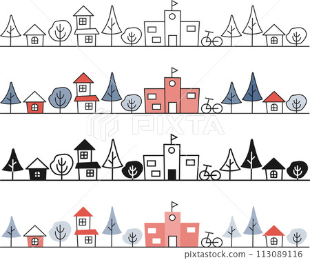 A set of simple cityscapes with a school A set of simple cityscapes with a school 113089116