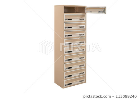 Mailboxes in the condo. metal mailbox with lockable center in condo. Mailbox on the white background isolated Mailboxes in the condo. metal mailbox with lockable center in condo. Mailbox on the white background isolated 113089240