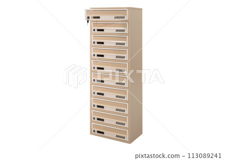 Mailboxes in the condo. metal mailbox with lockable center in condo. Mailbox on the white background isolated 113089241