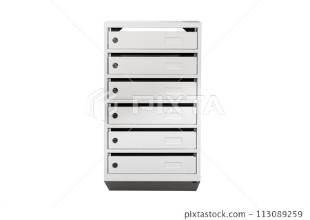 Mailboxes in the condo. metal mailbox with lockable center in condo. Mailbox on the white background isolated Mailboxes in the condo. metal mailbox with lockable center in condo. Mailbox on the white background isolated 113089259