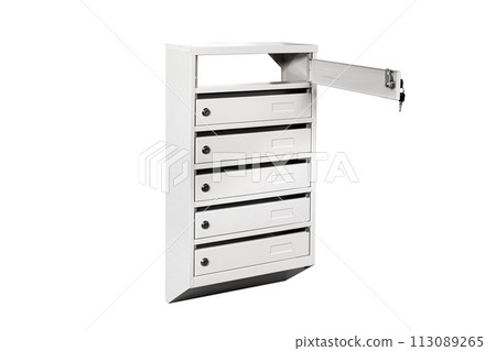 Mailboxes in the condo. metal mailbox with lockable center in condo. Mailbox on the white background isolated 113089265