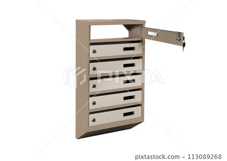 Mailboxes in the condo. metal mailbox with lockable center in condo. Mailbox on the white background isolated Mailboxes in the condo. metal mailbox with lockable center in condo. Mailbox on the white background isolated 113089268