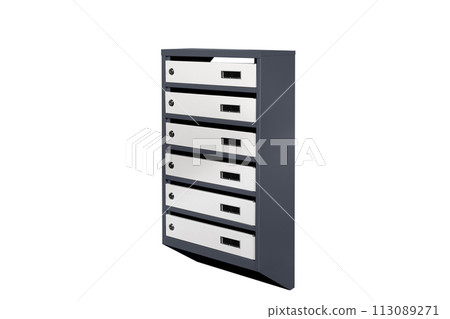 Mailboxes in the condo. metal mailbox with lockable center in condo. Mailbox on the white background isolated Mailboxes in the condo. metal mailbox with lockable center in condo. Mailbox on the white background isolated 113089271