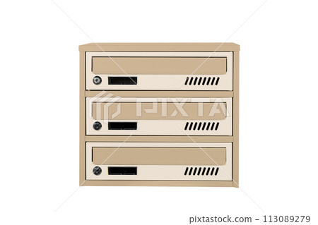 Mailboxes in the condo. metal mailbox with lockable center in condo. Mailbox on the white background isolated Mailboxes in the condo. metal mailbox with lockable center in condo. Mailbox on the white background isolated 113089279