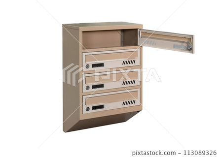 Mailboxes in the condo. metal mailbox with lockable center in condo. Mailbox on the white background isolated Mailboxes in the condo. metal mailbox with lockable center in condo. Mailbox on the white background isolated 113089326