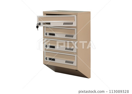 Mailboxes in the condo. metal mailbox with lockable center in condo. Mailbox on the white background isolated Mailboxes in the condo. metal mailbox with lockable center in condo. Mailbox on the white background isolated 113089328