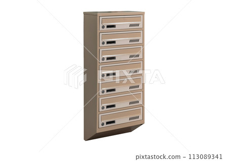 Mailboxes in the condo. metal mailbox with lockable center in condo. Mailbox on the white background isolated 113089341