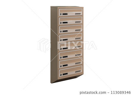 Mailboxes in the condo. metal mailbox with lockable center in condo. Mailbox on the white background isolated Mailboxes in the condo. metal mailbox with lockable center in condo. Mailbox on the white background isolated 113089346
