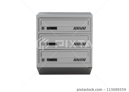 Mailboxes in the condo. metal mailbox with lockable center in condo. Mailbox on the white background isolated Mailboxes in the condo. metal mailbox with lockable center in condo. Mailbox on the white background isolated 113089359
