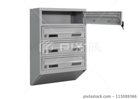 Mailboxes in the condo. metal mailbox with lockable center in condo. Mailbox on the white background isolated Mailboxes in the condo. metal mailbox with lockable center in condo. Mailbox on the white background isolated 113089366