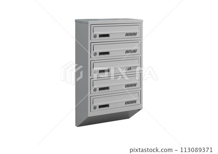 Mailboxes in the condo. metal mailbox with lockable center in condo. Mailbox on the white background isolated Mailboxes in the condo. metal mailbox with lockable center in condo. Mailbox on the white background isolated 113089371