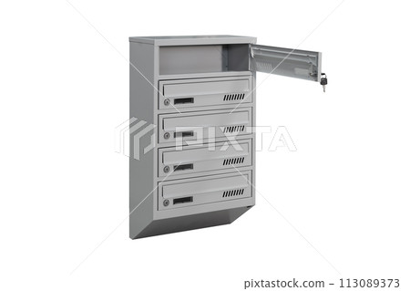 Mailboxes in the condo. metal mailbox with lockable center in condo. Mailbox on the white background isolated Mailboxes in the condo. metal mailbox with lockable center in condo. Mailbox on the white background isolated 113089373