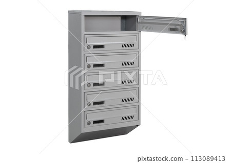 Mailboxes in the condo. metal mailbox with lockable center in condo. Mailbox on the white background isolated 113089413