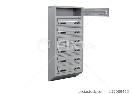Mailboxes in the condo. metal mailbox with lockable center in condo. Mailbox on the white background isolated 113089423