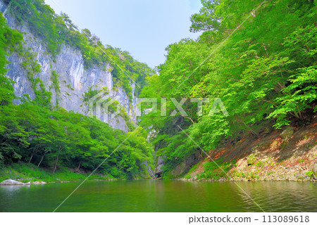 東北、猊鼻溪、乘船遊覽、松風岩、錦壁岩、清澈的溪流、山谷的形象、岩手縣一關市 (3) 113089618