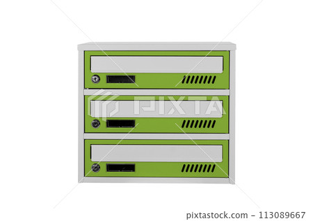 Yellow mailboxes on the white background isolated. Mail box for entrance of apartment house. Metal mailbox 113089667