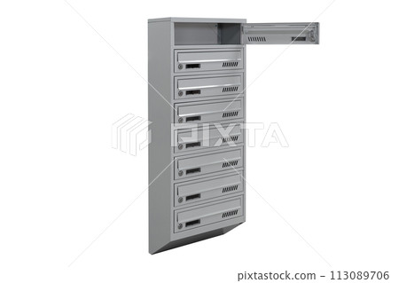 Mailboxes in the condo. metal mailbox with lockable center in condo. Mailbox on the white background isolated 113089706