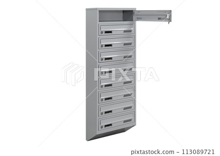 Mailboxes in the condo. metal mailbox with lockable center in condo. Mailbox on the white background isolated 113089721