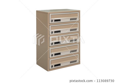 Mailboxes in the condo. metal mailbox with lockable center in condo. Mailbox on the white background isolated Mailboxes in the condo. metal mailbox with lockable center in condo. Mailbox on the white background isolated 113089730