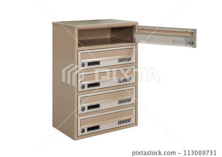 Mailboxes in the condo. metal mailbox with lockable center in condo. Mailbox on the white background isolated 113089731