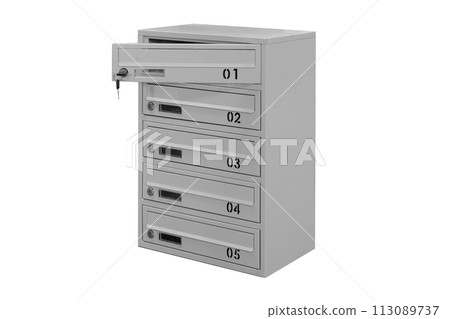 Mailboxes in the condo. metal mailbox with lockable center in condo. Mailbox on the white background isolated 113089737