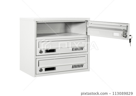 Mailboxes in the condo. metal mailbox with lockable center in condo. Mailbox on the white background isolated Mailboxes in the condo. metal mailbox with lockable center in condo. Mailbox on the white background isolated 113089829