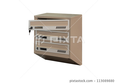 Mailboxes in the condo. metal mailbox with lockable center in condo. Mailbox on the white background isolated 113089880