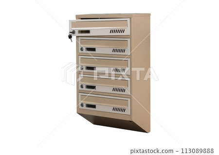 Mailboxes in the condo. metal mailbox with lockable center in condo. Mailbox on the white background isolated 113089888