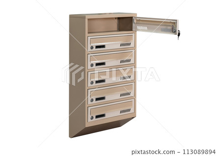 Mailboxes in the condo. metal mailbox with lockable center in condo. Mailbox on the white background isolated 113089894